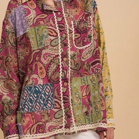 BLUE VELVET PAISLEY PATCHWORK OVERSIZED SHACKET - Picture 3 of 11